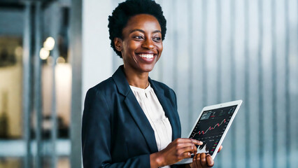 Fototapeta premium A smiling businesswoman examines a stock chart on a tablet, confidently presenting data.