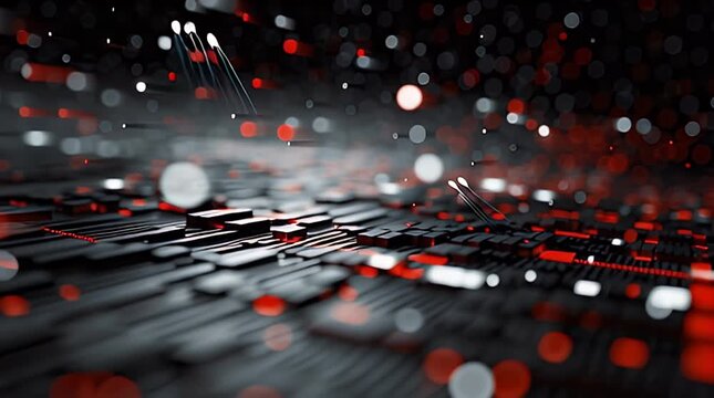 A futuristic scene features a textured surface with rectangular shapes. Illuminated in shades of red and white, blurred highlights drift