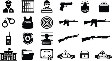 Police and law enforcement icons collection with officer, prison, criminal, weapons, patrol car and security symbols, solid vector set for crime, justice and safety design © Itz Butterfly