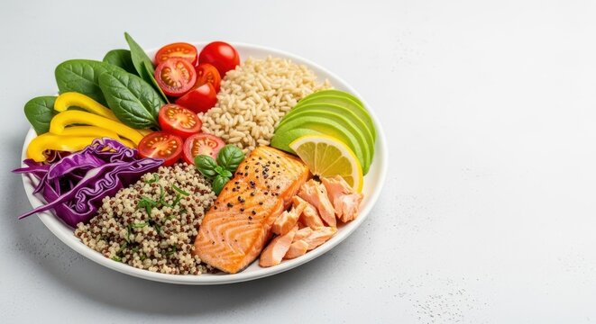 A vibrant plate showcasing a balanced selection of nutrient-dense foods including fresh produce, whole grains, and lean protein for healthy dietary intake, growth, selection, mineral