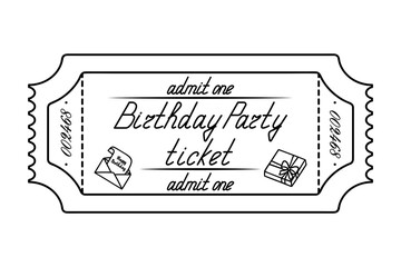 Fototapeta premium Birthday party ticket. Admit one. Sketch. Open envelope with a sheet of paper and the greeting 
