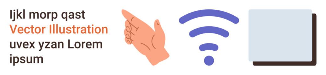Communication, technology, wireless connection, signal transmission, digital interaction, user interface. A hand pointing, wireless signal and blank square. Communication and technology