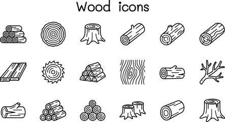 Wood icons collection with logs, tree stump, timber, branches and lumber symbols, minimal outline vector set for forestry, carpentry, woodworking and nature design © Itz Butterfly