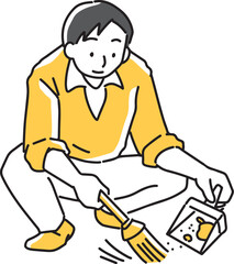箒とちりとりで埃を集める男性
