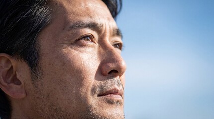 Fototapeta premium 澄み切った青空を物思いにふけるように見上げる50代日本人男性のポートレート