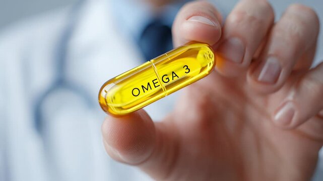4k video of a doctor holding an omega 3 capsule. Concept of fish oil supplement.