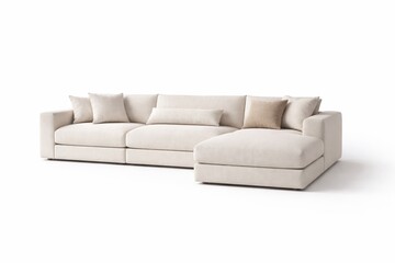 Fototapeta premium Studio photo of a modern beige linen modular sectional sofa with chaise and five pillows