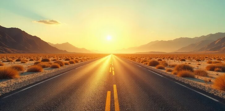 Intense summer heat shimmers on a deserted, sun-baked asphalt road stretching towards a hazy horizon The air seems to vibrate with the stillness , vacation, sun glare