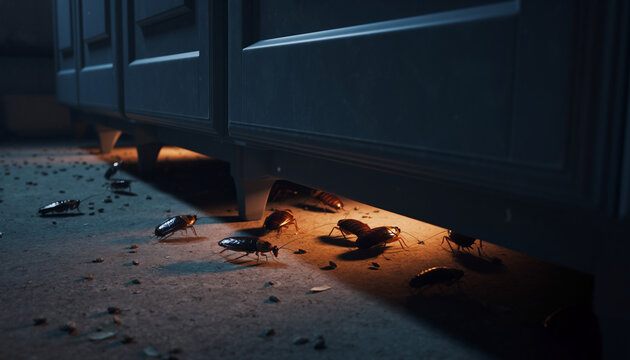 Cockroaches Crawling Under a Kitchen Cabinet at Night