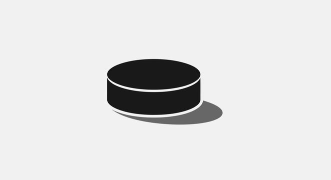 Minimalist black hockey puck illustration with a subtle shadow on a light grey background, representing ice hockey equipment.