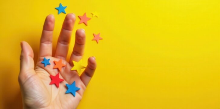 Bright yellow background, colorful stars being arranged by hand , fun, smile