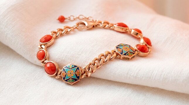 Elegant Rose Gold Chain Link Bracelet with Coral Red Gemstones and Colorful Enamel Details.