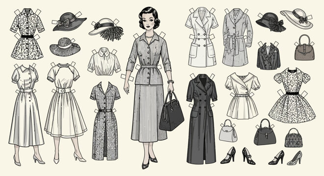 Vintage paper doll with a collection of 1950s-style dresses, coats, hats, shoes, and handbags, illustrating classic fashion and accessories.