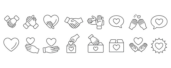 Heartfelt gestures and symbols of love and care in simple line art