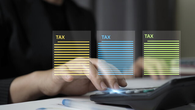 Business professional calculating tax with digital documents interface and calculator. Financial planning, tax report analysis, accounting management  