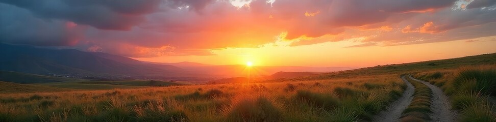 Obraz premium Serene landscape at sunrise, perfect for prayer or meditation; peaceful sky, tranquil nature, spiritual background , field, faith