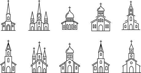 Black line of various church buildings with steeples and domes on white background architecture © TAZMIN