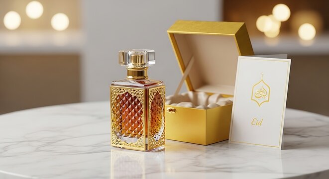 Elegant gold perfume bottle with matching gift box and card on a marble surface