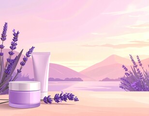 Serene scene Lavender plants frame skincare products against a soft pastel mountain vista