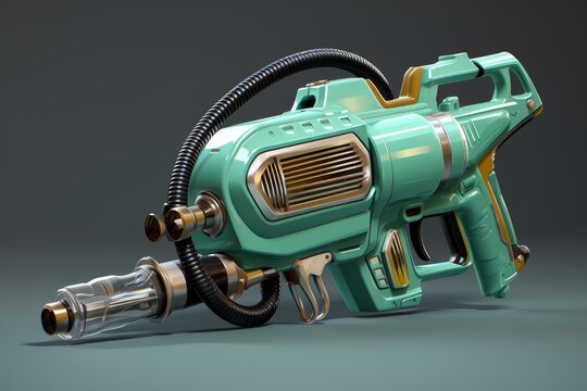 Retro futuristic weapon boasting turquoise and gold accents, blending vintage aesthetics with advanced technology