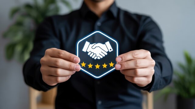 Man holding hexagon icon with handshake and star symbolizing trust and quality service