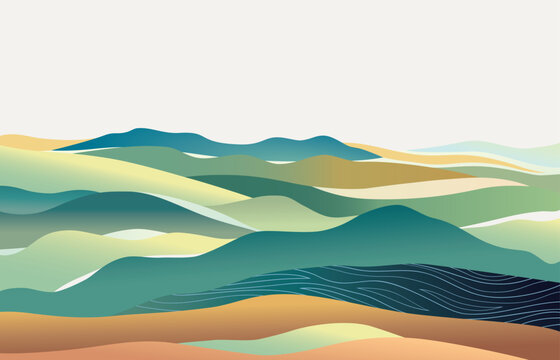 Minimal abstract vector illustration landscape with soft gradients and flowing shapes. Calm background hills and mountains, featuring smooth curves.
