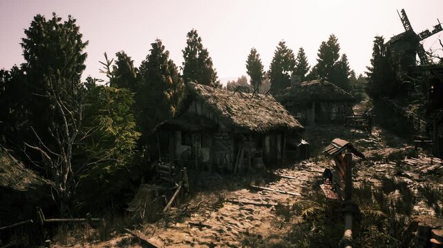 settlement at woodland edge at dusk, tall pines guarding scattered thatch roofs, grassy foreground with young saplings, atmospheric light producing calm