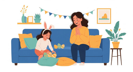 Obraz premium Mother and daughter playing with toys on blue sofa in cozy living room with festive decor