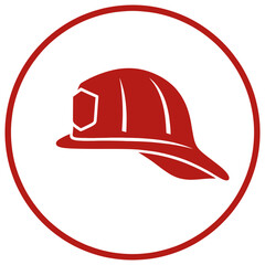 Fototapeta premium Firefighter helmet icon inside red circle safety symbol isolated on white