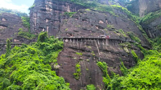 Longhu Mountain Suspended Walkway on Red Cliff Face