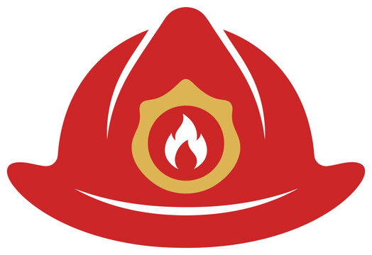 Firefighter helmet icon with flame badge red rescue hat isolated on white