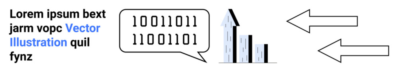Digital communication, data processing, technology growth, data trends, analytics, decision-making. Binary code in a speech bubble, upward graph arrows. Communication and data processing concepts © robu_s