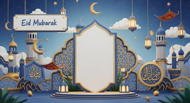 Ramadan Kareem Greeting Card Background with Islamic Frame and Lantern Copy Space