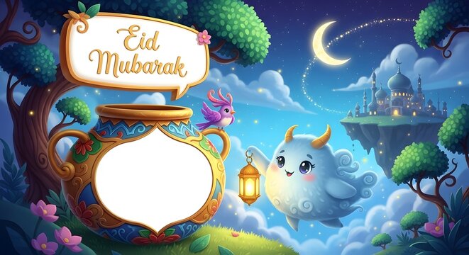 Ramadan Kareem Greeting Card Background with Islamic Frame and Lantern Copy Space