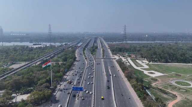 Aerial drone view of NH 24 highway in Delhi India