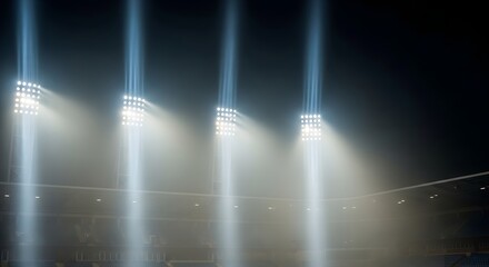 Bright stadium floodlights illuminate misty night sky creating dramatic beams of light