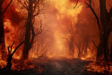 Intense flames engulf trees along a dirt road, creating a dangerous and dramatic scene of a wildfire