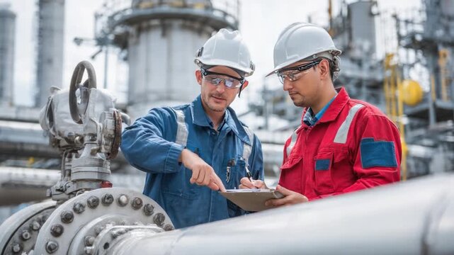Engineers at Work: Two engineers are intently reviewing blueprints, their focus and dedication illuminated by the industrial setting surrounding them.  