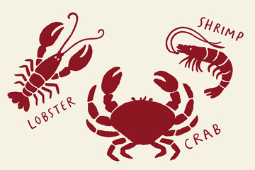 Lobster crab shrimp sea animals naive silhouette vector illustration © Victoria