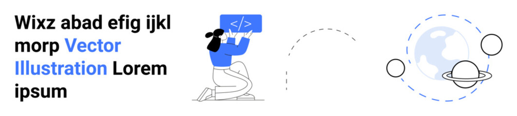 Web development, technology learning, space exploration, global connectivity, creativity, future concepts. A woman holding a coding symbol and planetary orbit graphics. Web development and technology © robu_s