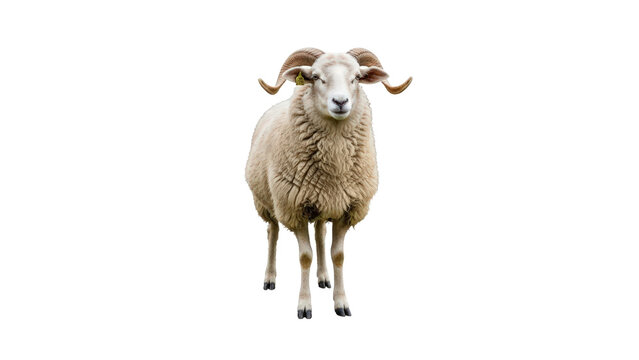 A sheep with curly horns and fluffy wool isolated on transparent background standing alone