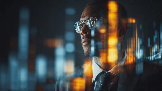 Visionary's Gaze: An experienced executive, his gaze fixed on future, embodying focus and strategic vision, with the city lights subtly reflecting his commitment.