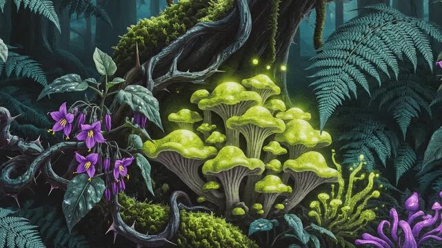 Fantasy forest with glowing mushrooms, thorny vines and purple flowers