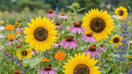 Obraz premium Vibrant sunflowers and flowers attract bees in a rural field during summer