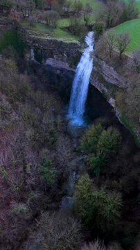 Aerial view from a drone of the Artazul Waterfall in Aizp&uacute;n in the Ollo Valley. Navarre, Spain. Europe
