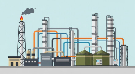 Detailed Illustration of an Industrial Oil Refinery with Towers and Pipes.