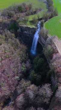 Aerial view from a drone of the Artazul Waterfall in Aizp&uacute;n in the Ollo Valley. Navarre, Spain. Europe