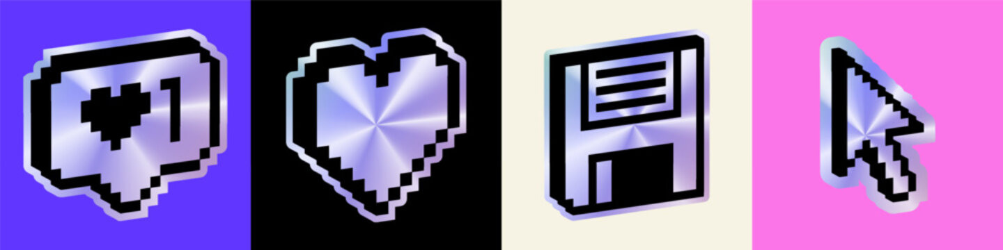 3D pixel icons with holographic gradient. Retro 8-bit Y2K symbols. Heart, like reaction, floppy disk save icon, cursor arrow. Futuristic chrome pixel art elements for gaming, nostalgic digital design