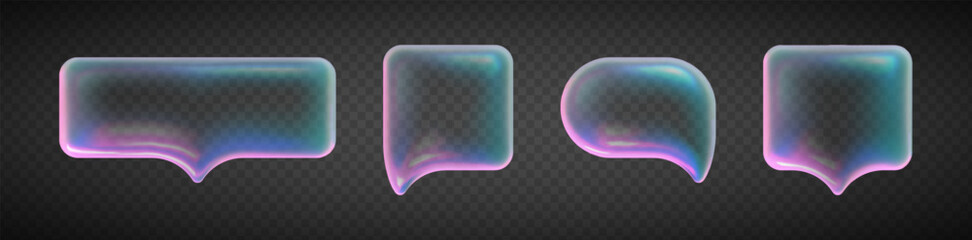 Obraz premium Holographic glass speech bubbles set isolated on transparent background. Vector realistic illustration of 3D transparent chat message clouds with neon glow, glass morphism y2k conversation icons