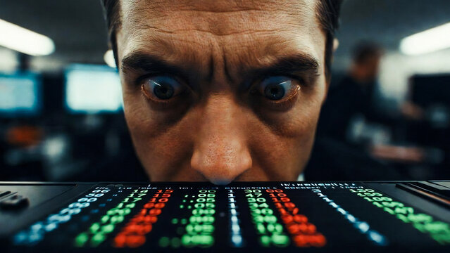 A man stares intensely at a glowing stock market screen, displaying red and green numbers. He appears stressed and focused.